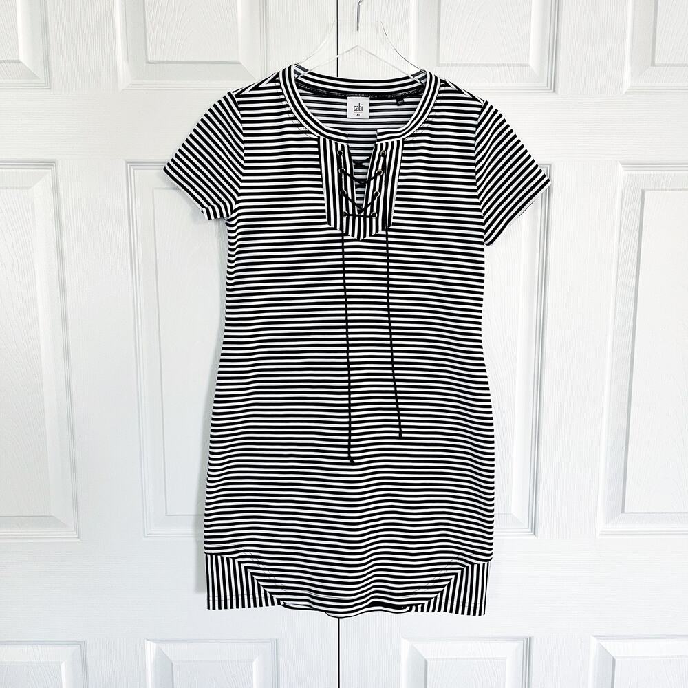 CAbi Style 5268 Captain Striped Lace Up Mini Dress Navy White Nautical Preppy